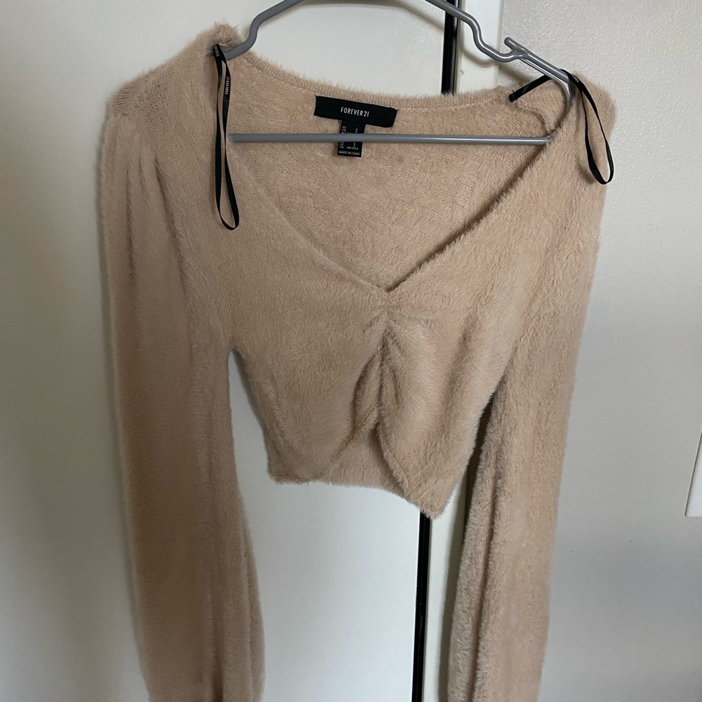 Tan fuzzy crop top